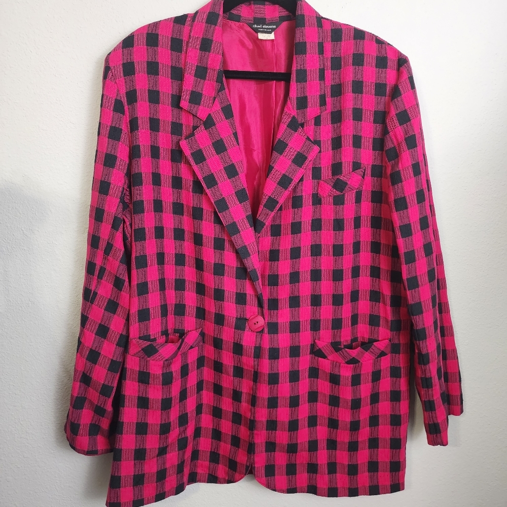 Magenta Pink 🎀 Black Checkered Gingham Vintage Blazer